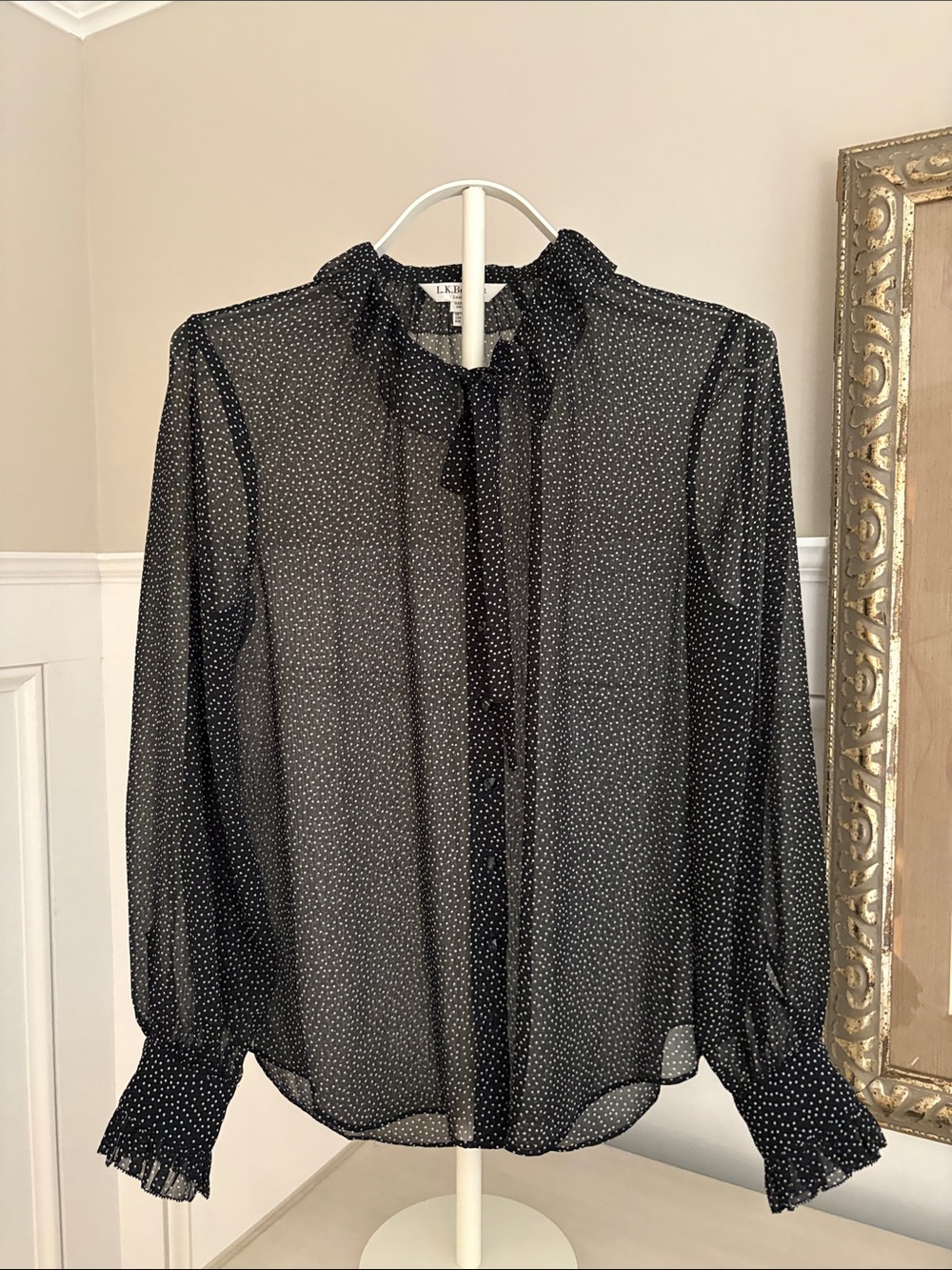 LK Bennett Navy Sheer Polka Dot Ruffle-Tie Blouse